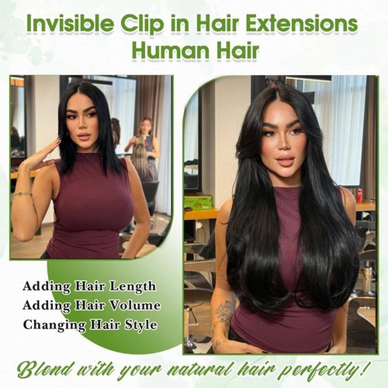 Clip in Hair Extensions Real Human Hair, 18inch/8pcs Seamless Invisible Human Hair Clip in Extensions for Women, 10A Brazilian Virgin Remy Human Hair Extensions Clip ins Double Weft 70g Natural Black