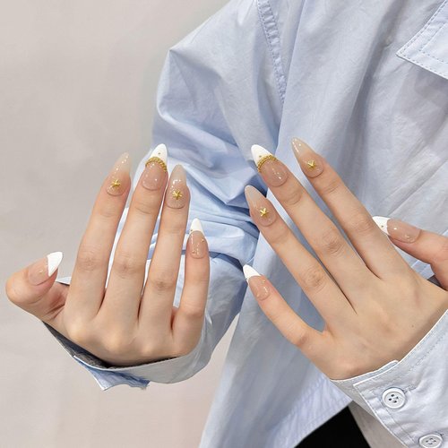 Handmade Press On Nails Medium Almond Shape - 3D Gold Metallic Embellished White French Manicure False Nails ， Minimalist Design | Salon Quality Reusable Fake Nails(10PCS-M)