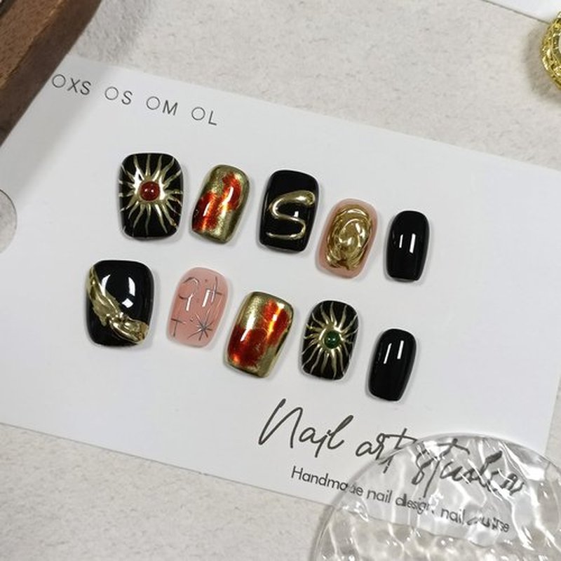TENPAL Gothic Press on Nails Short Square,Glossy Black Space Theme Fake Nails with 3D Serpent & Planets, Acrylic Glossy Handmade Winter False Nails with 10pcs,Dark Celestial Glue on Nail Art(L)