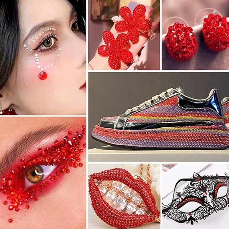 Nail Diamonds Rhinestones Flatback 12-slot box Bright red Mixed Nail Art Studs Gems with 1 Tweezer and Pen,Nail Art Charms, DIY for Phone Case, Cup, Hair Accessories. (Bright red)