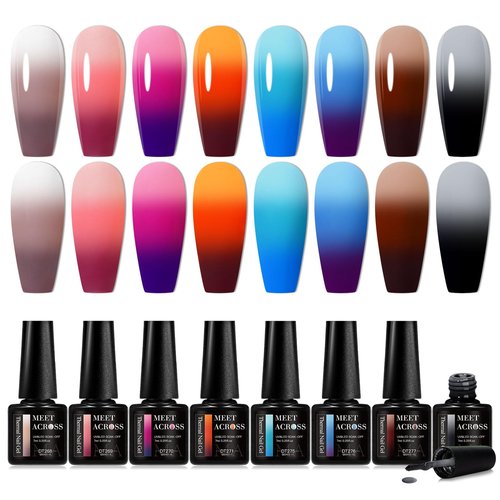 MEET ACROSS Color Changing Gel Nail Polish Set, 8 Pcs Red Orange Blue Coffee Grey Gel Polish Set Temperature Mood Changed Nail Polish Gel Gifts for Women Girl DIY Salon Home Manicure