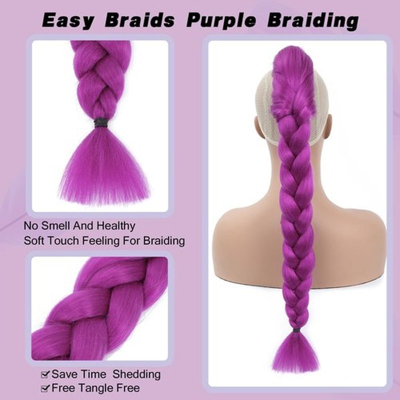 Long Purple Hair Extensions Synthetic Fiber Braid Cosplay Purple Braiding Hair 24 INCH Easy Claw Clip ponytail extension for Cosplay Halloween Costume (24 Inch)