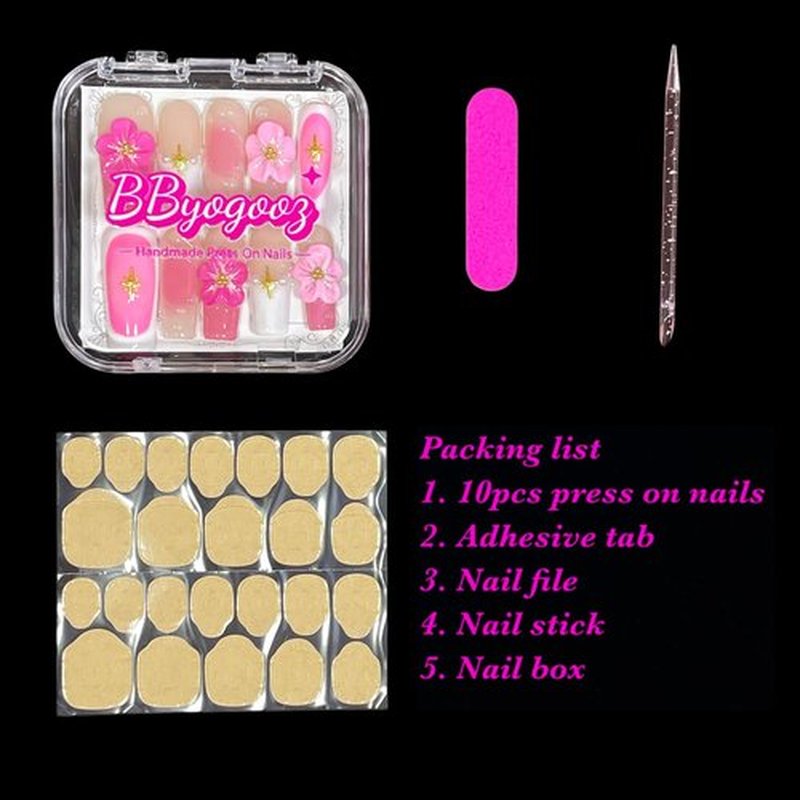 Handmade Press On Nails Medium/Long Square Pink 3D Sakura Design - Reusable French Acrylic Fake Nails with Gold Stars & Pearls, Luxury Cherry Blossom False Nails (Pink Sakura, M)