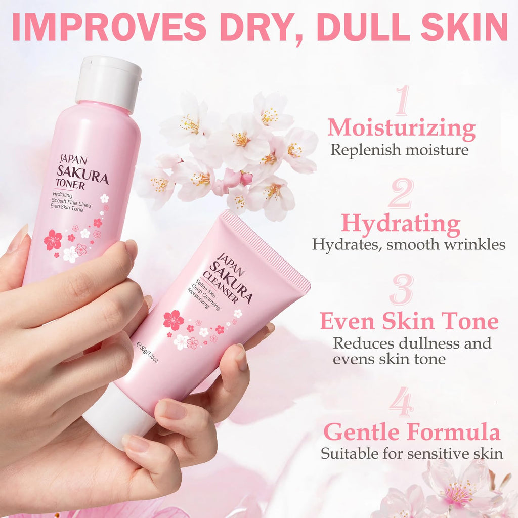 Skin Care Set for Teens Girls,Cherry Blossoms Skincare for Girls 10-12,Hydrating Face Skin Care Kit with Cleanser,Toner,Serum,Eye Cream,Face Cream,Galentines Gifts,Bulk Gift,Valentines Day Gifts