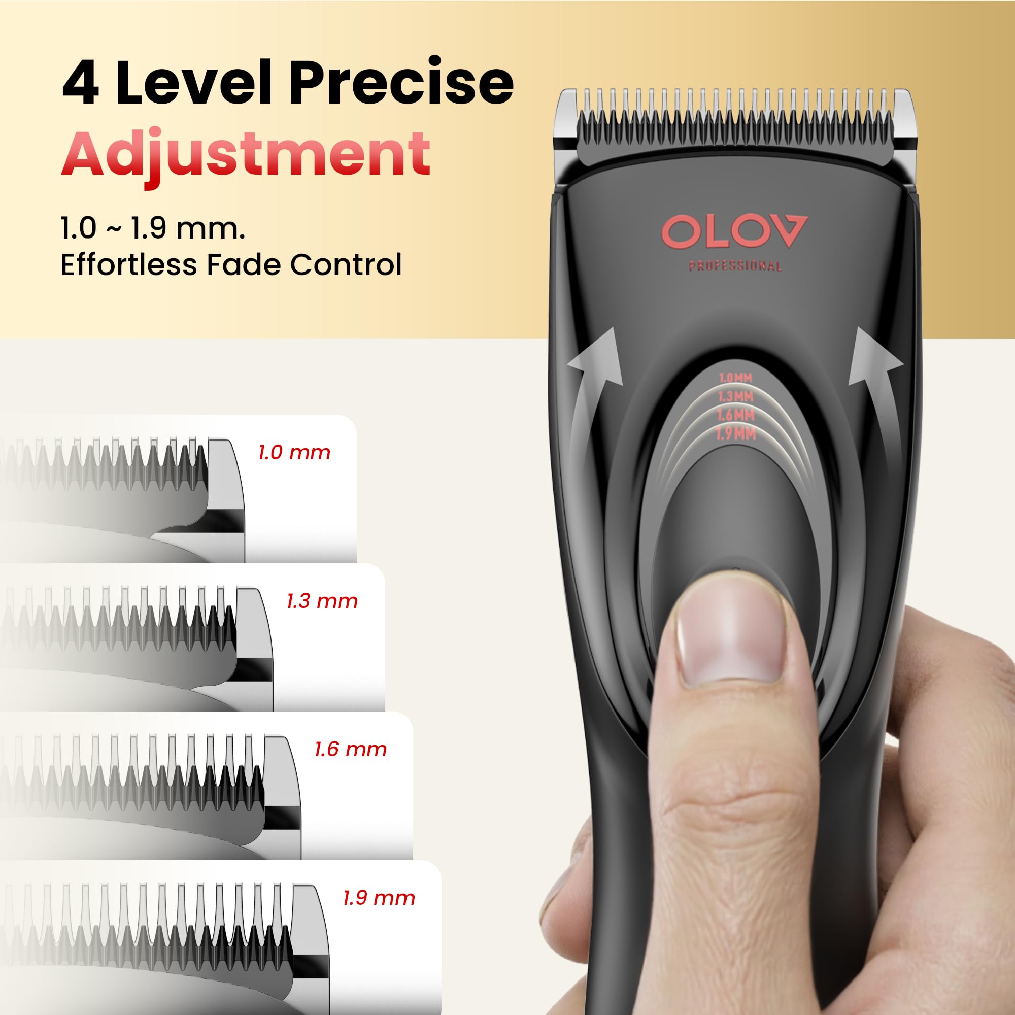OLOV PROFESSIONAL Hair Clippers for Men, Cordless Hair Clipper Kit, Adjustable 4 Length Setting, 2-Speed Settings, Replaceable Ceramic Blade Heads, Rechargeable Hair Clippers for Family (Red)