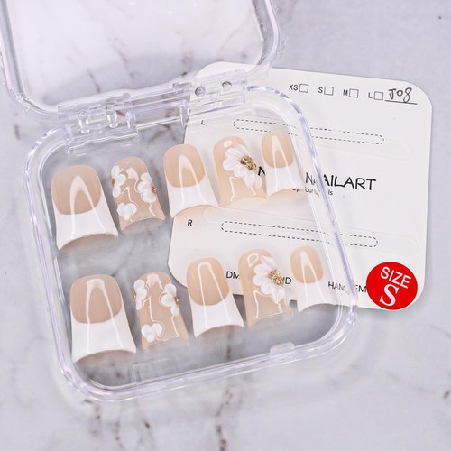 Duck Press on Nails Short Handmade 3D Unique Flower Fake Nails White French Tip False Nails with Designs Thick and Muti-Layer Gel Acrylic Nails Glossy Glue on Nail for Women (Size S)