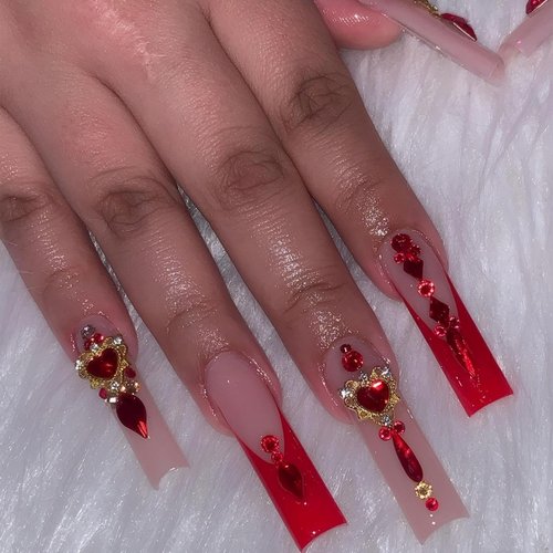 Rchovsam Xl French Tip Press on Nails Long Square False Nails Press Ons Red Love Diamond Design Fake Nail Red Stick on Nails Acrylic Full Cover Artificial Nail Gift for Women 24pcs