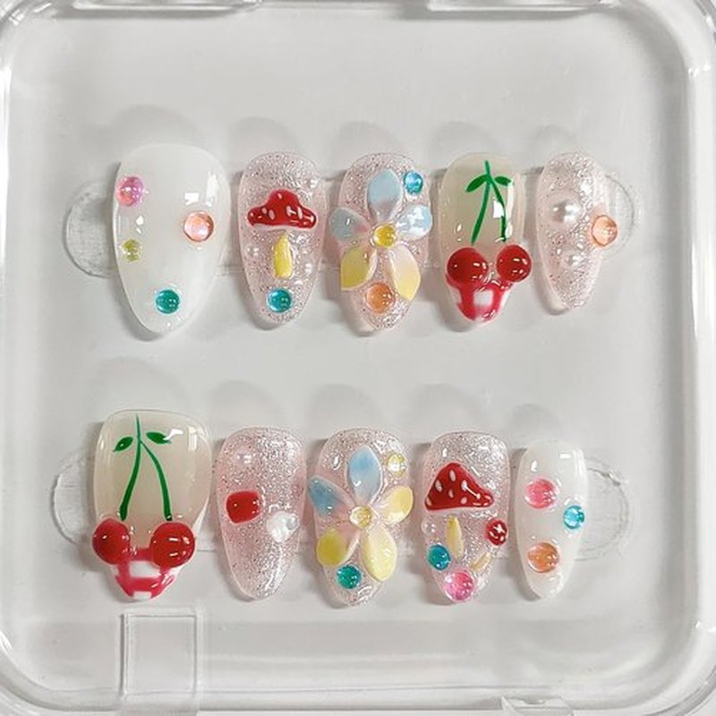 Handmade Press on Nails Almond Medium 3D Floral French Tip Thick Acrylic Fake Nails False Nails with Flower Mushroom Glitter Cherry Designs Cute Sturdy Nail Kawaii Art Press on Nails 10Pcs(M)