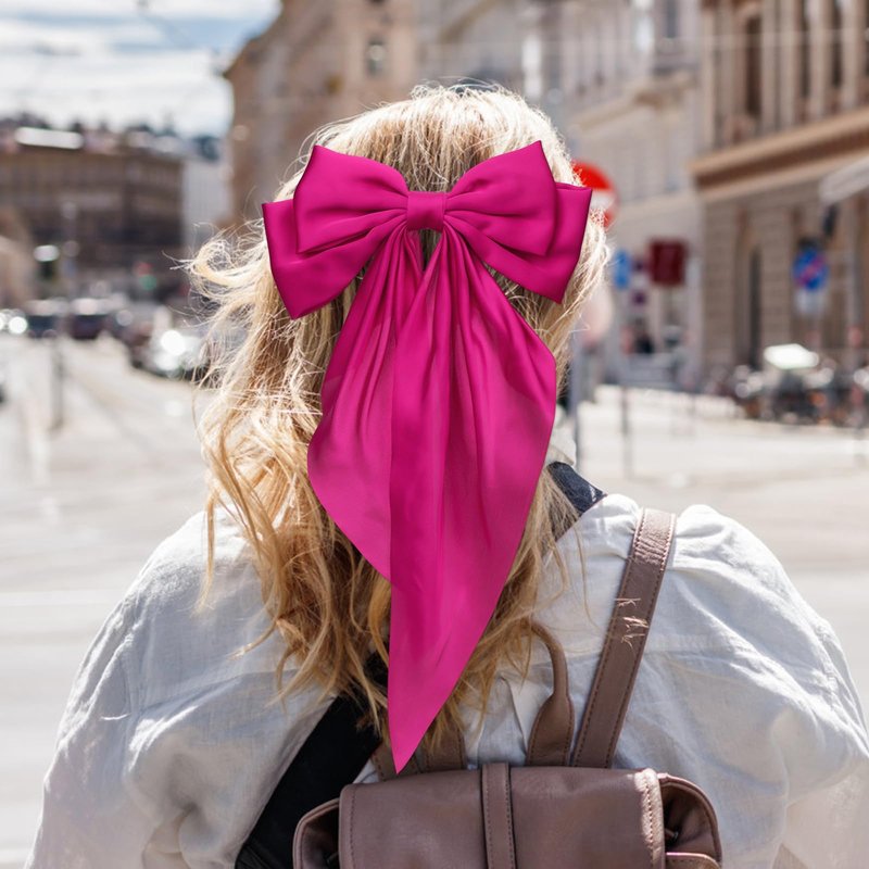 WHAVEL 6PCS Pink Hair Bows for Women, Pink Ribbon Hair Clips with Long Tail Silky Satin Bow Clips Cute Hair Accessories