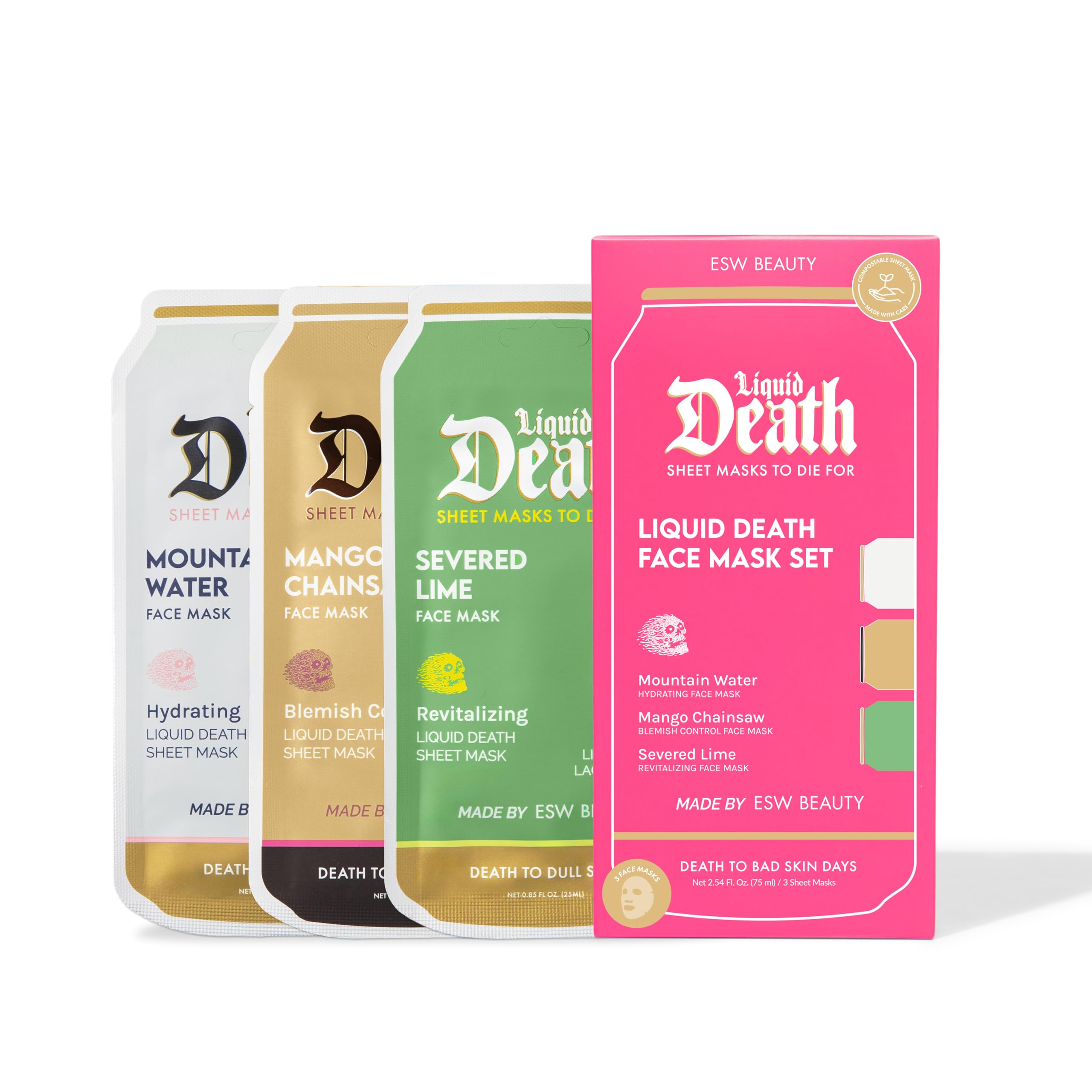 ESW Beauty Liquid Death x Face Mask Set (3-Pack) - Face Masks for Hydrating, Revitalizing & Clarifying Skin – Includes Mountain Water, Severed Lime & Mango Chainsaw – Skincare Gifts for Women