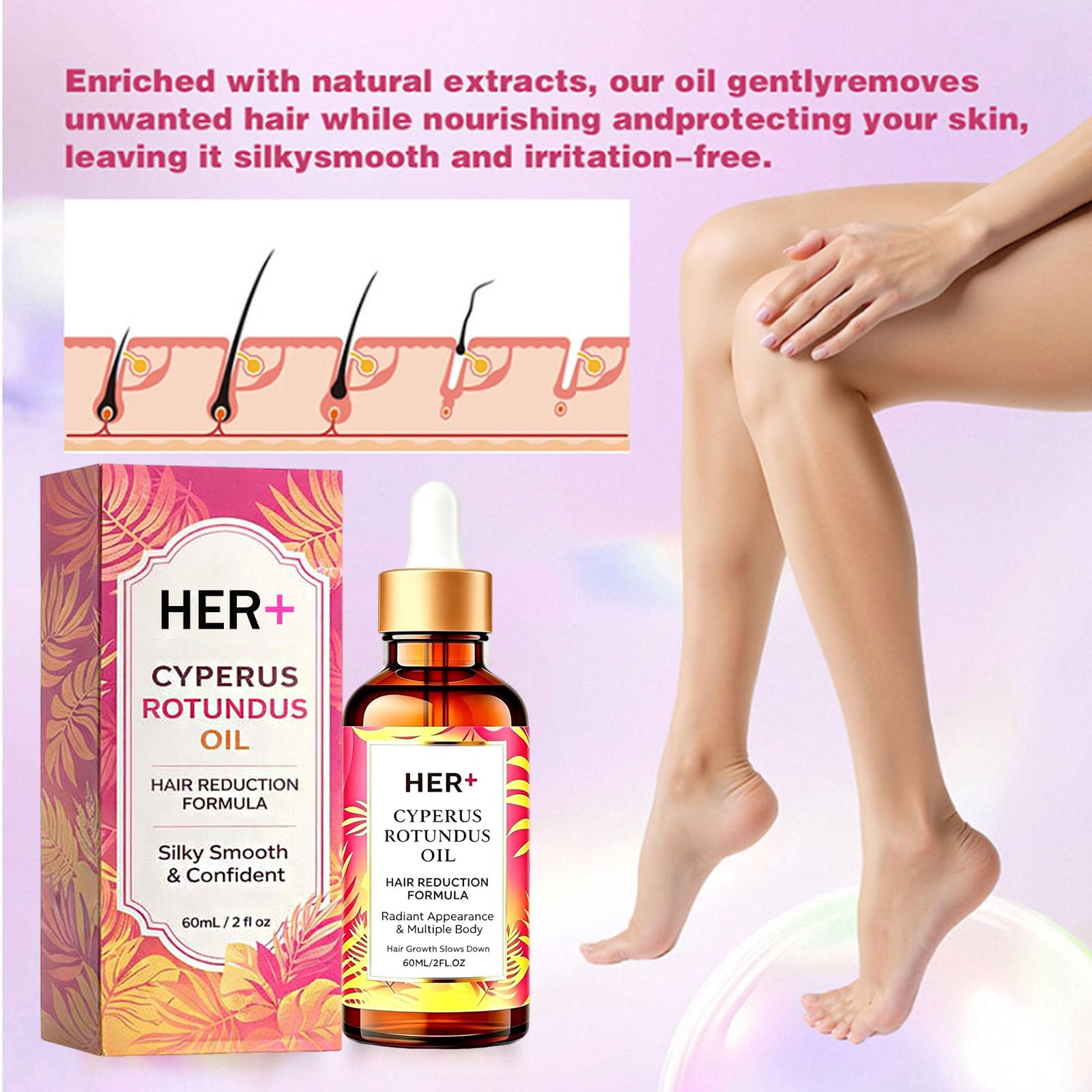 HER+ Cyperus Rotundus Oil - Hair Reduction Formula, Silky Smooth & Confident, Reducing Body Hair Growth, Easy to Use, Safe, 2 Fl Oz (2PCS)