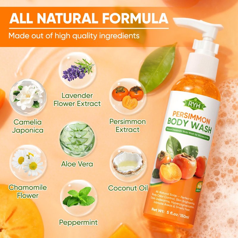 RYH Persimmon Body Wash for Body Odor Control – Natural Deodorant Soap for Eliminating Odor, Smelly Feet Deodorant Body Odor Eliminator, Gentle on All Skin Types, Persimmon Shower Gel for Women & Men