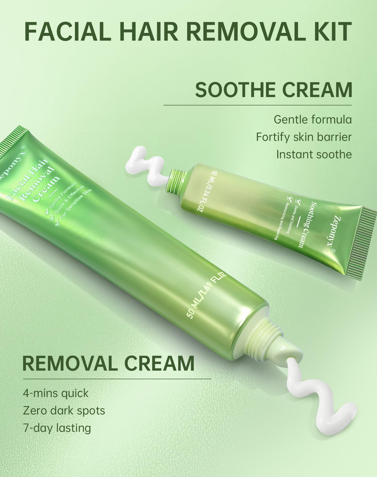 Facial Hair Removal for Women + Soothing Cream 2-in-1 Gentle Painless Hair Remover for Upper Lip, Chin & Sideburns 4-Minute Fast-Acting Depilatory for At-Home Use,2.03 Fl Oz