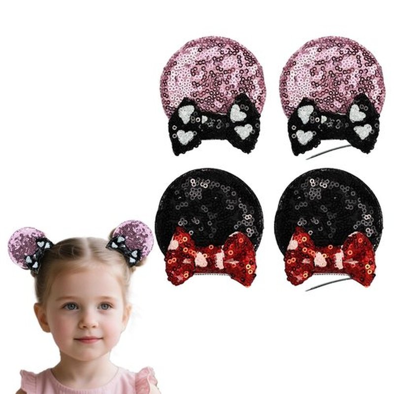 2 Pairs Sequin Mouse Ear Clips with Glittering Bow with Heart, Girls' Hair Barrettes Hair Accessories for Theme Birthday Party Festival Decoration (heart bow)