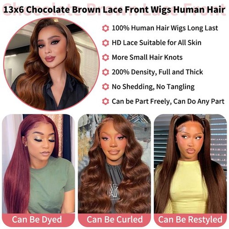 Fopeela 32 Inch 13x6 Chocolate Brown Human Hair Wig 12A Straight 100% Unprocessed HD Transparent 200 Density Lace Front Wig for Women, Pre Plucked Brown Colored Wigs, No Shedding Soft And Silky