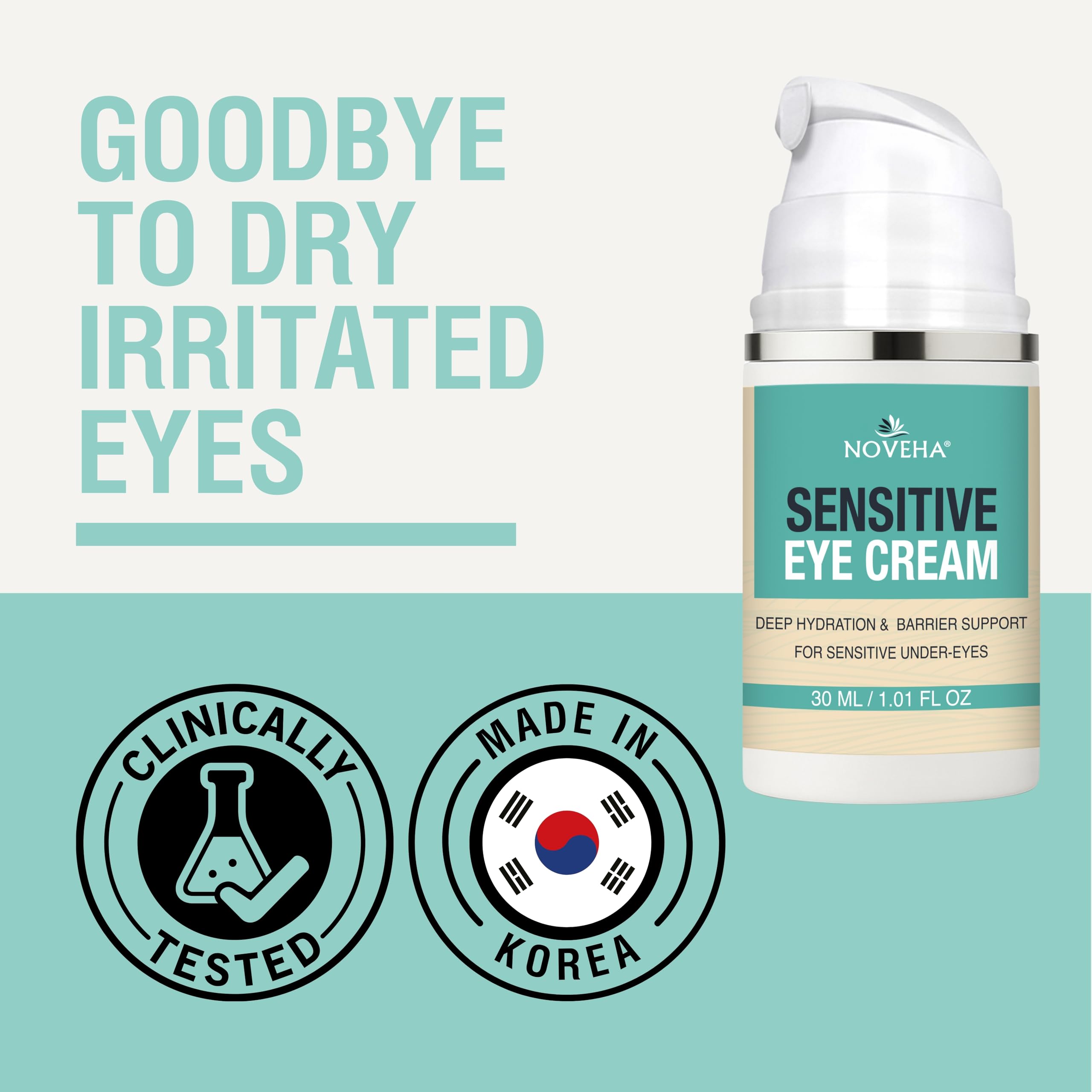NOVEHA Hydrating Eye Cream for Sensitive Skin (30 ml), Eye Moisturizer for Dry Eyelids & Under Eyes, Vegan Ceramide Eyelid Cream, Anti-Aging Eye Cream for Fine Lines & Puffiness, Fragrance-Free - 1 oz