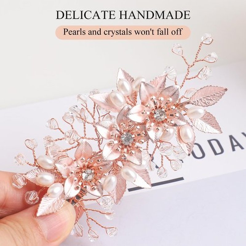 Sppry Floral Crystal Pearl Alligator Hair Clip and Rhinestone Bobby Pins, Elegant Hair Accessories for Bridal Women in Wedding or Prom, Set of 3 (Rose Gold)