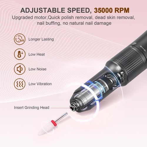 Electric Nail Drill Rechargeable Professional,2 in 1 Nail Grinder & UV Lamp Combo,35000 RPM,Portable Cordless Nail File Machine for Acrylic Nails,Gel Polishing,Shaping Nails,Manicure Art Tools