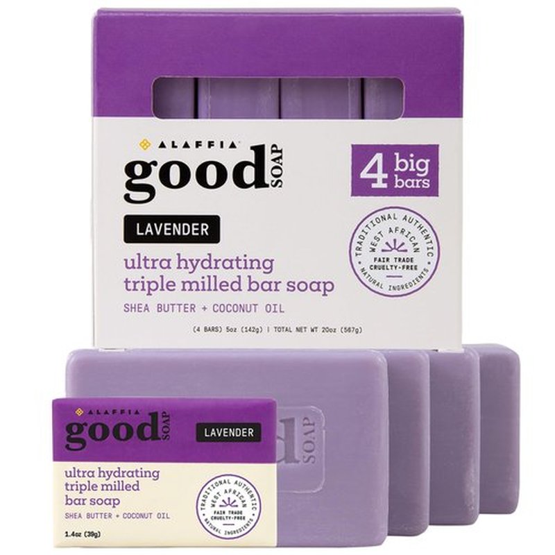 Alaffia Good Soap Lavender (4 Bars) + Trial-Size Herbal Bar – Long-Lasting, Triple-Milled with Fair Trade Shea Butter