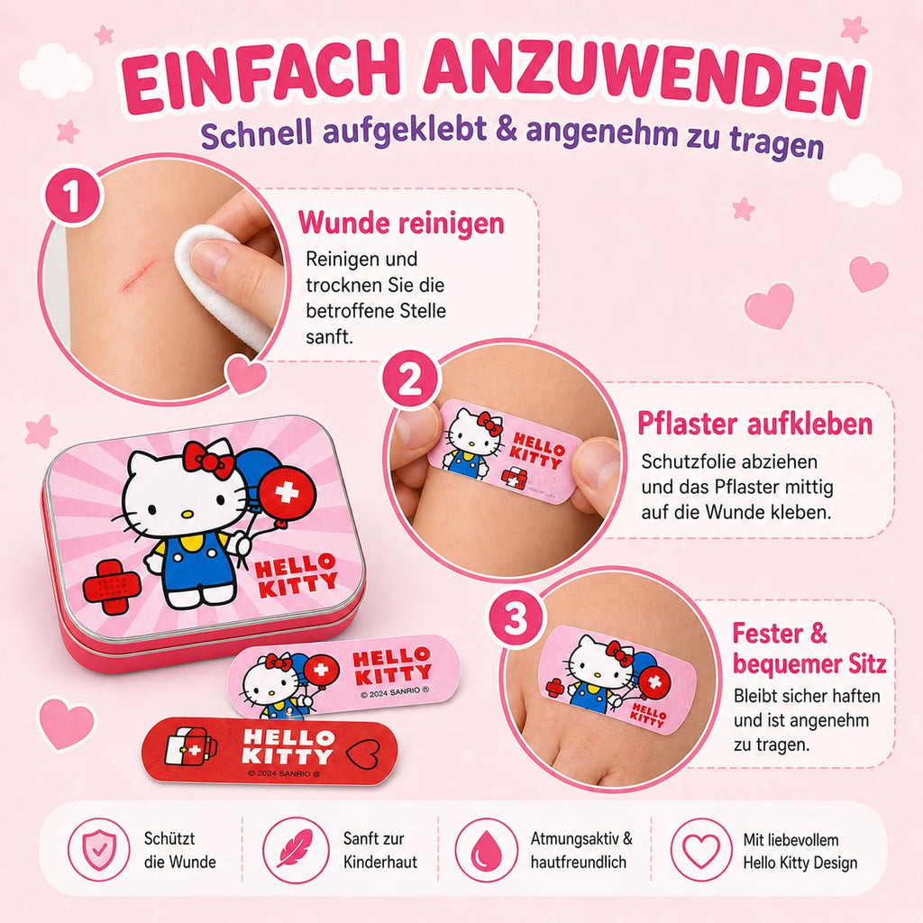 Hello Kitty Pink Kids Bandages – Licensed Metal Tin – 24 Colorful Plasters with Cute Design – Ideal for Backpack, Travel or Purse – First Aid Fun for Children – 1 Pack