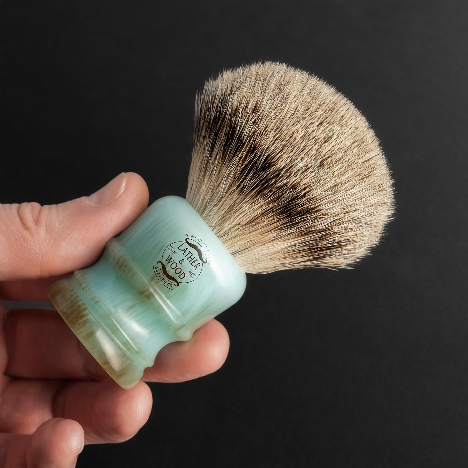 Lather & Wood Shaving Brush for Men- Premium 100% Badger Hair - High End Blue Agate Resin Handle