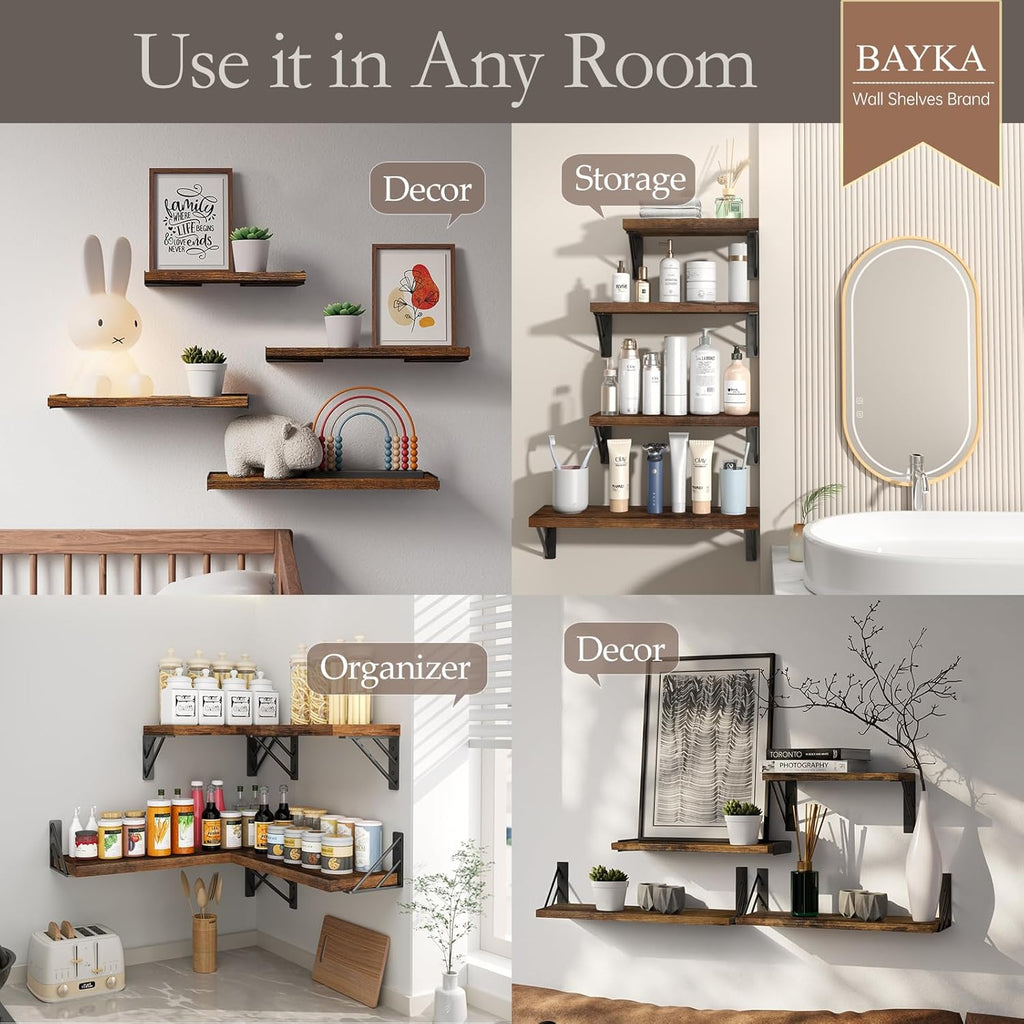 BAYKA Floating Wall Shelves - Rustic Wood Bathroom & Living Room Decor | Set of 4 in Rustic Brown