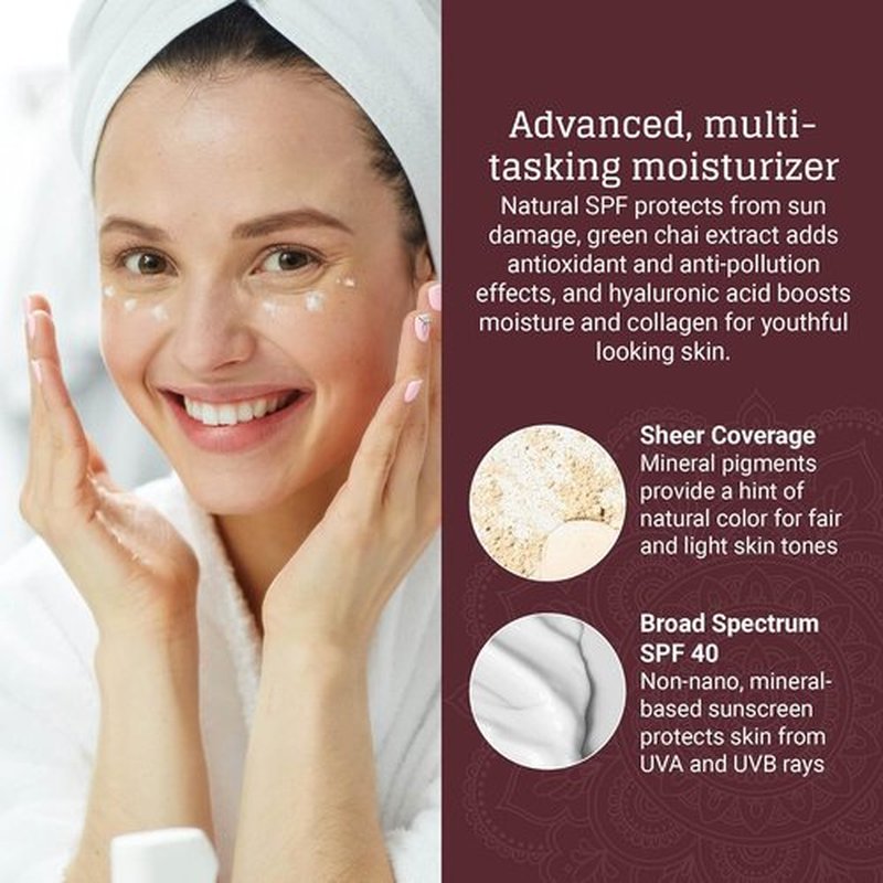 AVYA SPF 40 Sheer Tinted Moisturizer - Hydrating Hyaluronic Acid & Green Chai for Brighter Skin | Fair & Light Shade (1.7oz/50ml)