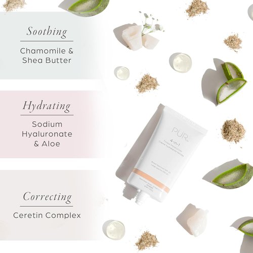 PÜR MINERALS 4-in-1 Tinted Moisturizer SPF 20 - Hydrating Primer & Foundation with Shea Butter, Aloe Vera & Vitamin B3 - Vegan & Paraben-Free
