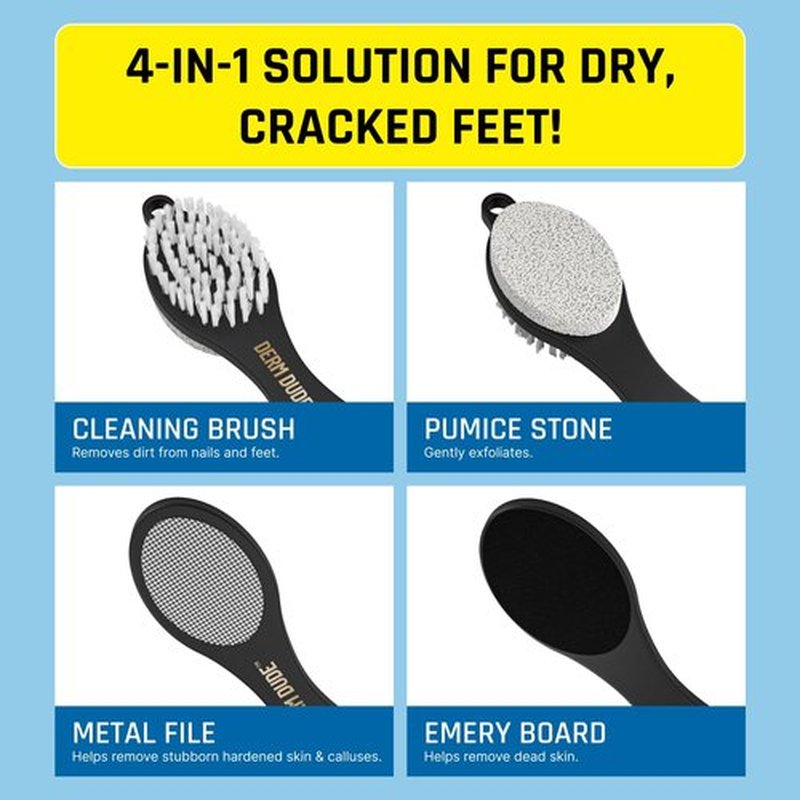 Derm Dude 4-in-1 Foot Scrubber & Heel Repair Tool | Foot File Callus Remover for Feet | Pedicure Tool with Metal File, Pumice Stone, Emery Board & Cleaning Brush to Soften & Smooth Rough, Dry Feet
