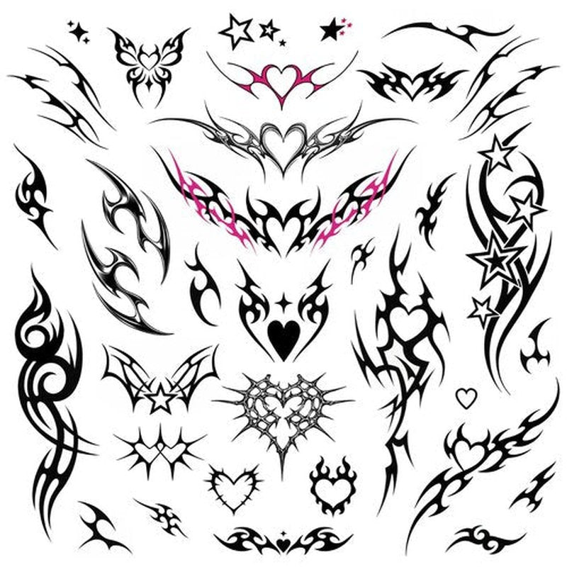 Pixel Hearts Edgy Y2K Temporary Tattoos | CyberSigilism Tramp Stamps | Realistic Waterproof Fake Tats | Festival, Bachelorette, Halloween, Birthday Favors, Accessories