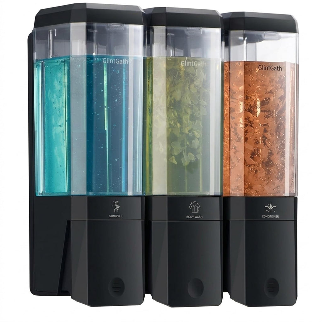 Shampoo and Conditioner Dispenser,GlintGath Shower Dispenser 3 Chamber No Drill Shampoo Dispenser for Shower Wall Mounted Shower Soap Dispenser for Bathroom Hotel,Large Capacity 3 * 500ML, Black