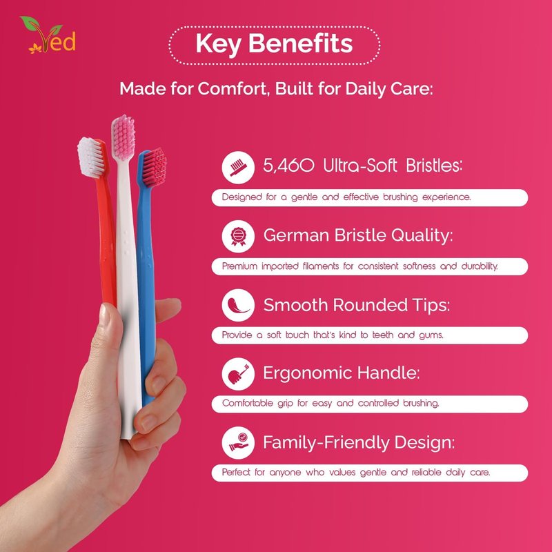 Ved Replacement Toothbrush Heads - Soft Bristle Pack for Adults | Medium & Extra Soft Options (Red, White, Dark Blue)