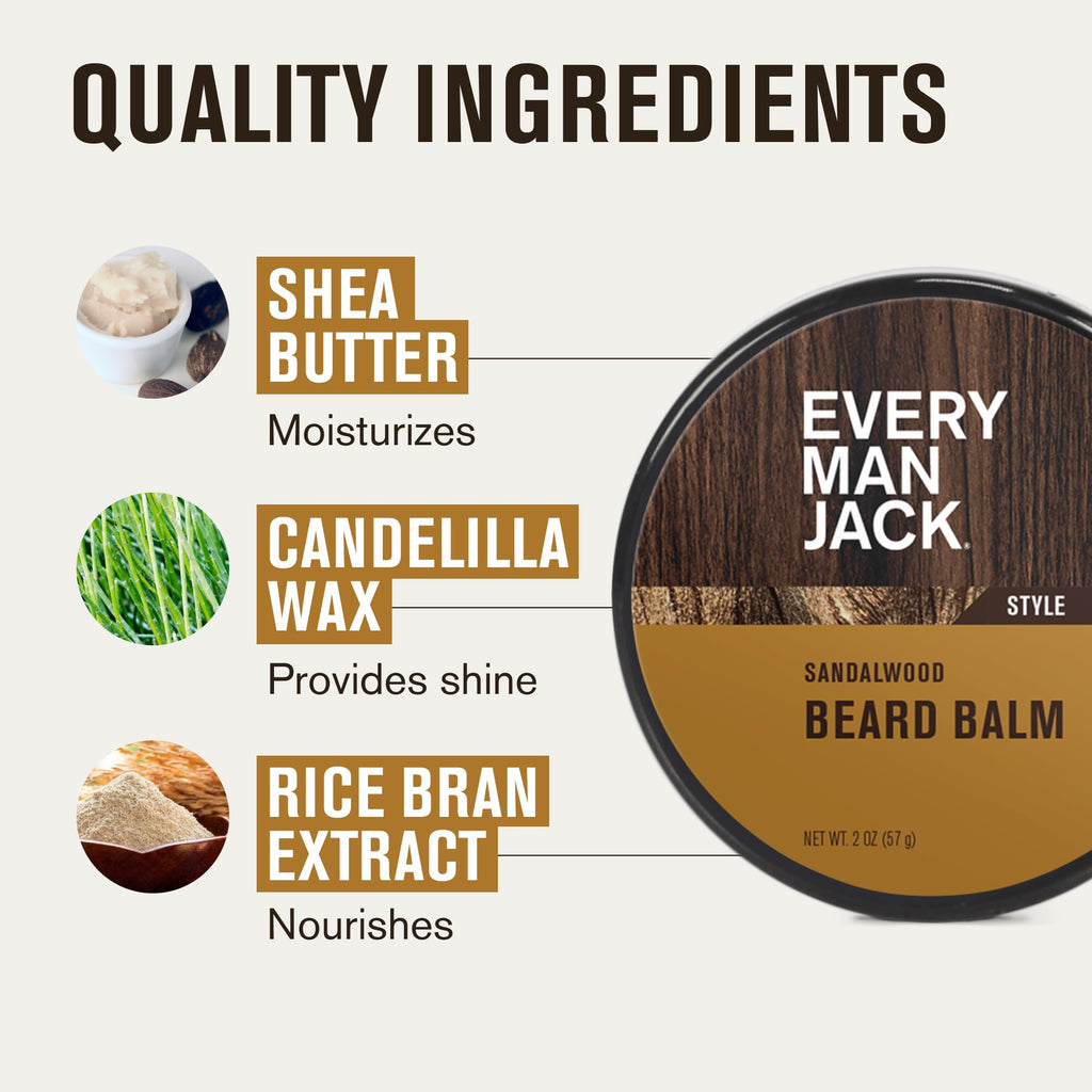 Every Man Jack Beard Styling Balm - Light Sandalwood Scent - Moisturize, Strengthen, & Style Your Beard - Medium Hold - Naturally Derived Ingredients like Candelilla Wax & Shea Butter - 2 oz (2 pack)