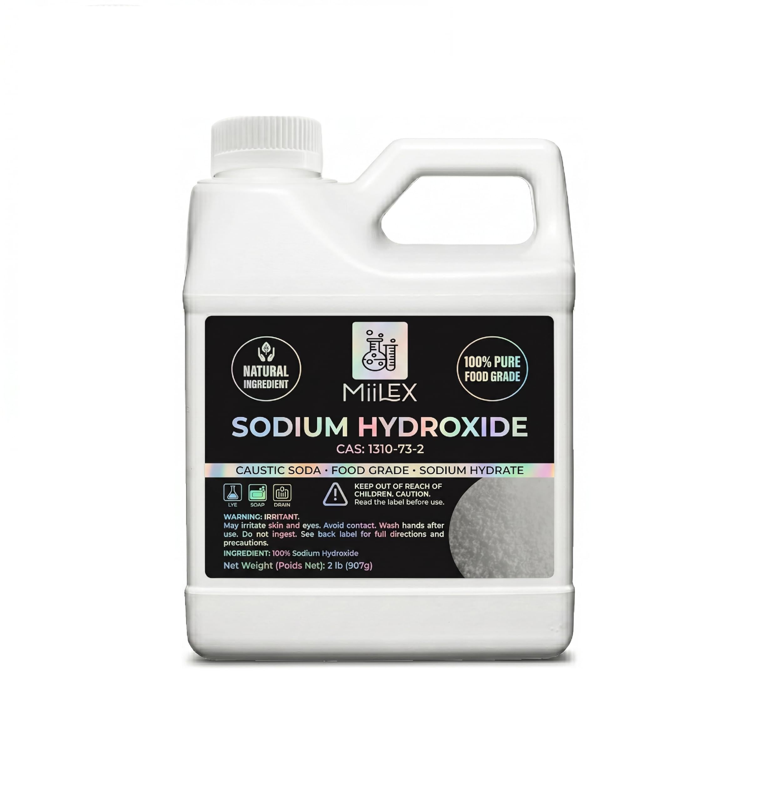 Food Grade Lye Sodium Hydroxide - 100% Pure, 100% Caustic Soda, Food Grade Lye for Soap Making, Kosher Certified | Soap Making, Drain Cleaning, and Culinary Use (2lbs or 907g)