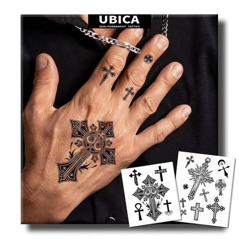 UBICA Semi Permanent Tattoos, 2 Sheets Realistic Temporary for Men Women, Fake Tattoos for Wrists Hand Fingers Neck, Waterproof, No Reflective, Lasts 1-2 Weeks (Unique Cross Designs)