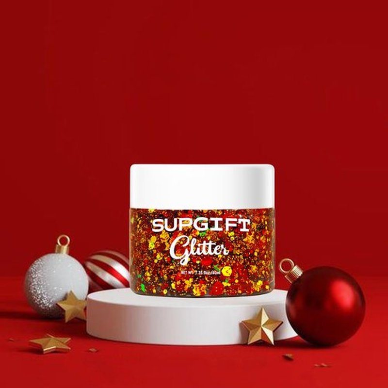 Christmas Body Glitter Gel SUPGIFT 4 Colors 8.5oz Holographic Chunky Mermaid Iridescent Laser Liquid Star Flower Leaf Sequins for Makeup Face Eyeshadow Hair with Spoon
