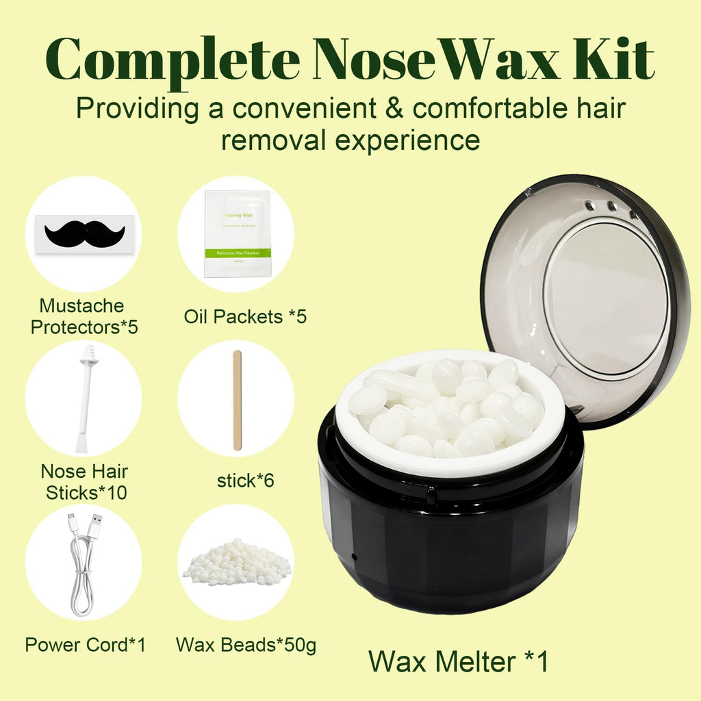 Professional Men's Nose Waxing Set, USB-C Electric Hard Wax Melter with Removable Silicone Pot, 50g Beads & 10 Sticks for Nose, Ear & Eyebrow Facial Hair Removal Wax Grooming Kit (Black)