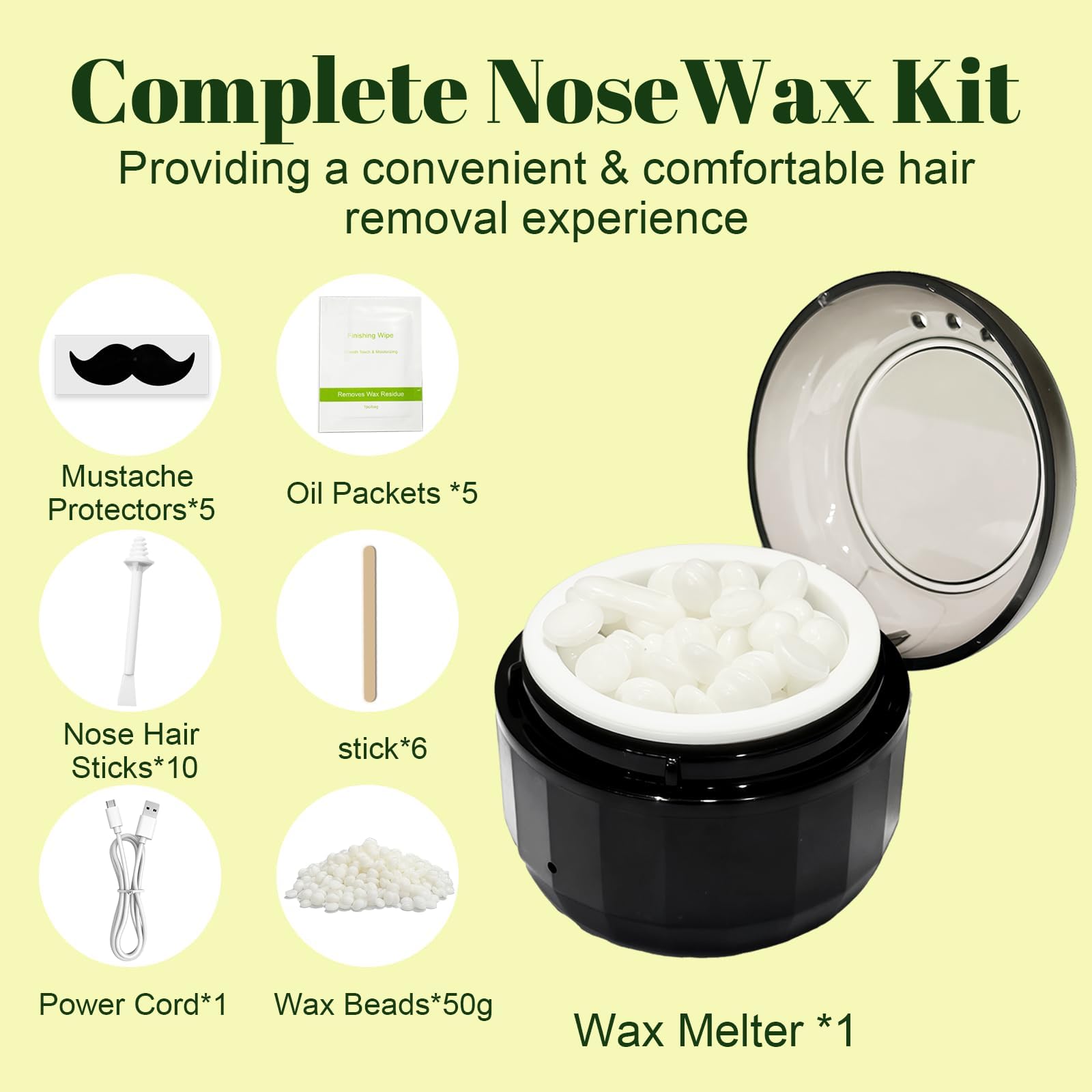 Professional Men's Nose Waxing Set, USB-C Electric Hard Wax Melter with Removable Silicone Pot, 50g Beads & 10 Sticks for Nose, Ear & Eyebrow Facial Hair Removal Wax Grooming Kit (Black)
