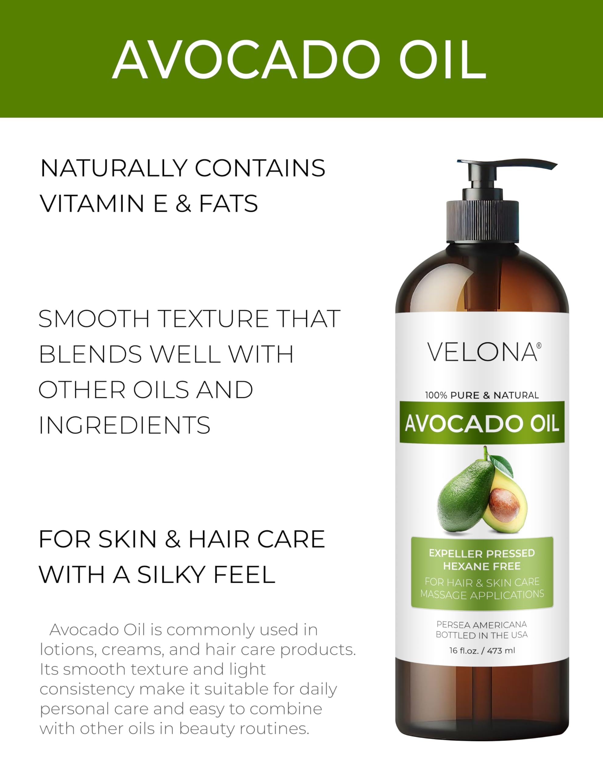 velona Avocado Oil 16 Fl Oz | 100% Pure and Natural Carrier Oil | Expeller-Pressed | Hair, Body and Skin Care | Use Today - Enjoy Results