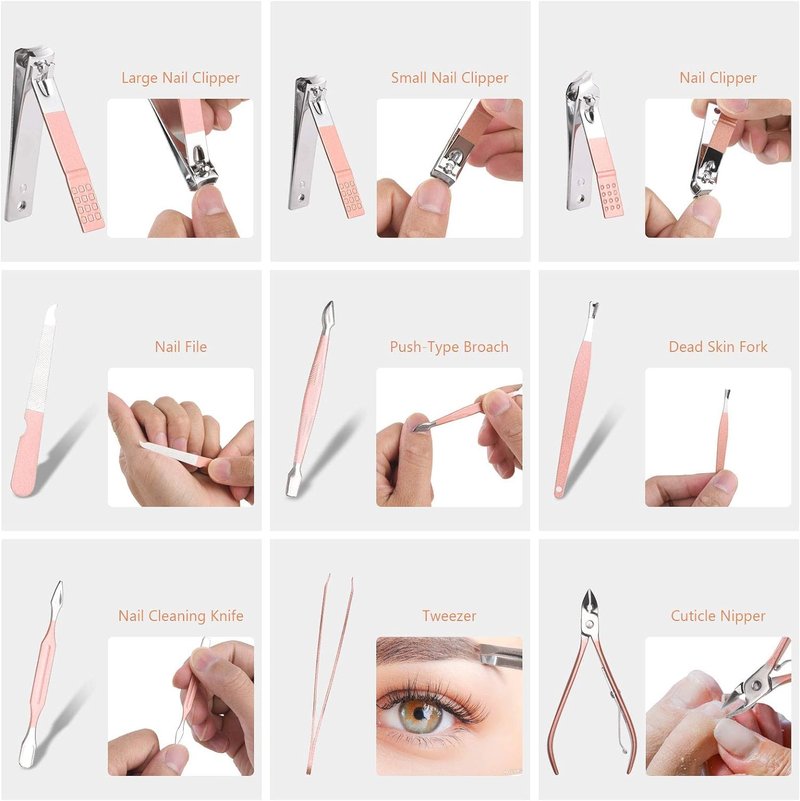 URAQT Nail Clippers for Men Women, 18 in 1 Stainless Steel Nail Kit Professional Manicure Pedicure Kit with Nail Scissors, Cuticle Trimmer, Leather Case, Portable Travel Home (Rose Gold)