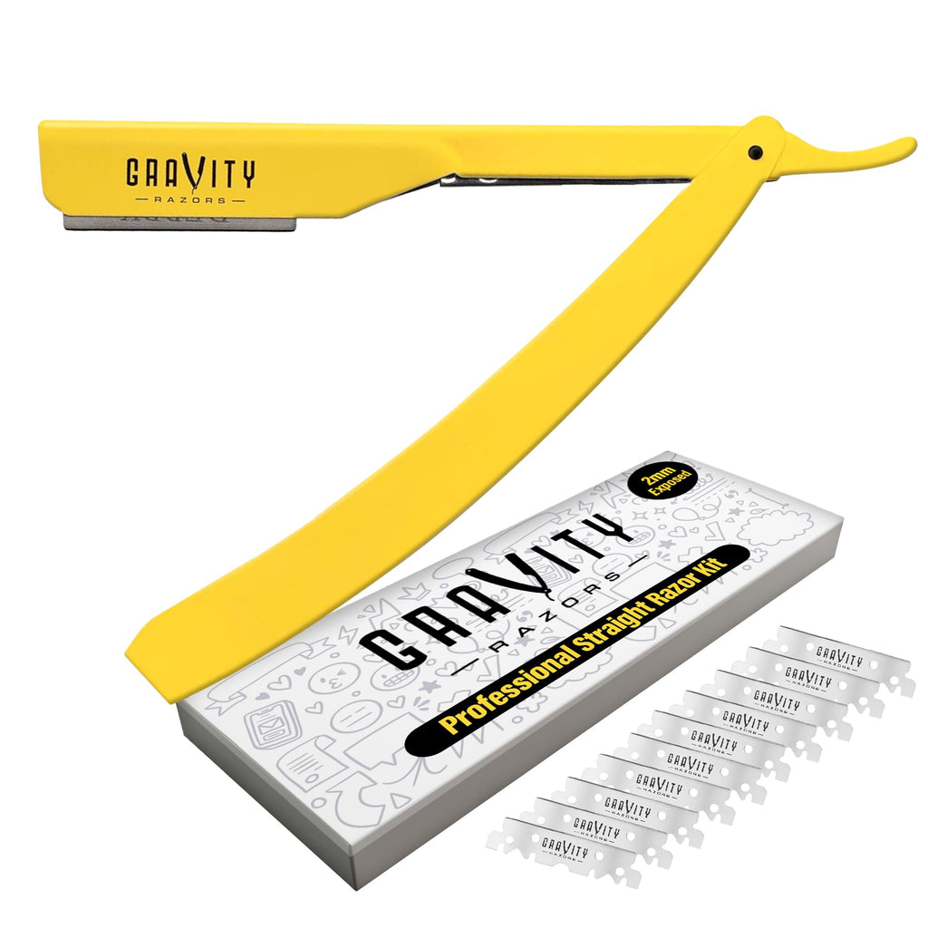 Gravity Razors Professional Straight Razor - Minimal Exposure Straight Razor Kit with 10 Derby Premium Blades (Yellow, Ultra Exposed 2mm Exposed - Yellow)