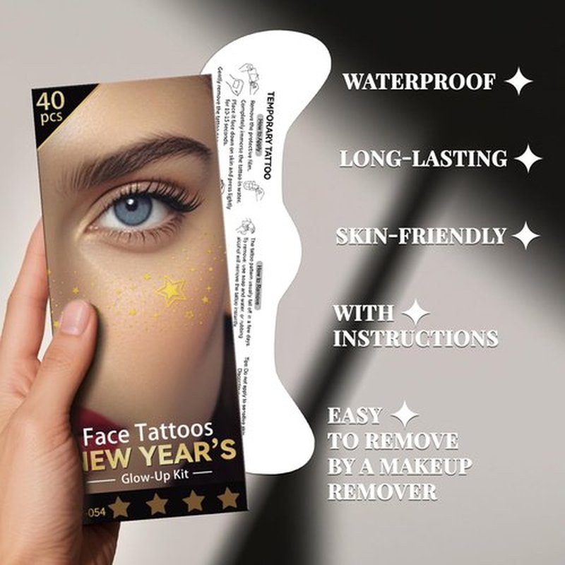 Cerlaza New Years Eve Party Supplies 2026, 40 Pcs Glitter Gold Freckles Face Temporary Tattoo, Happy New Year's Eve Decorations Nye Party Favors Accessories Gifts 2026 for Women