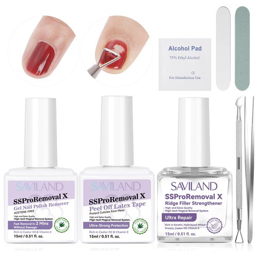SAVILAND Gel Polish Remover Kit: Nail Strengthener and Liquid Latex For Nails, 15 ML Nail Polish Remover with Nail Tools Nail Polish Strengthener and Growth for Thin Nails Manicure Nail Care Kit