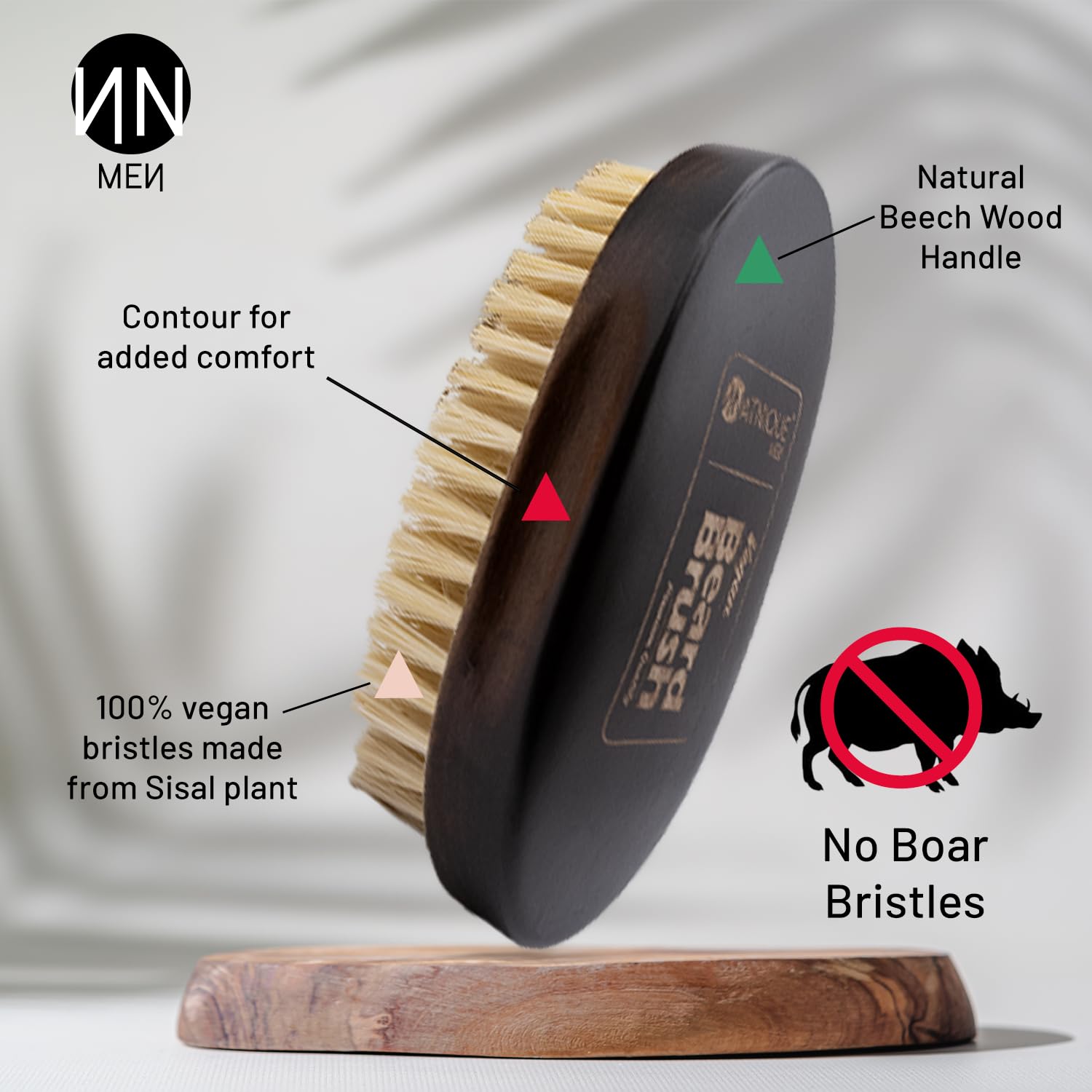 Natnique Vegan Beard Brush for Men, 100% Sisal Plant Bristles, Ergonomic Design with Natural Beachwood Handle - Men's Beard & Mustache Brush – 100% Natural, Non-Synthetic, Cruelty Free
