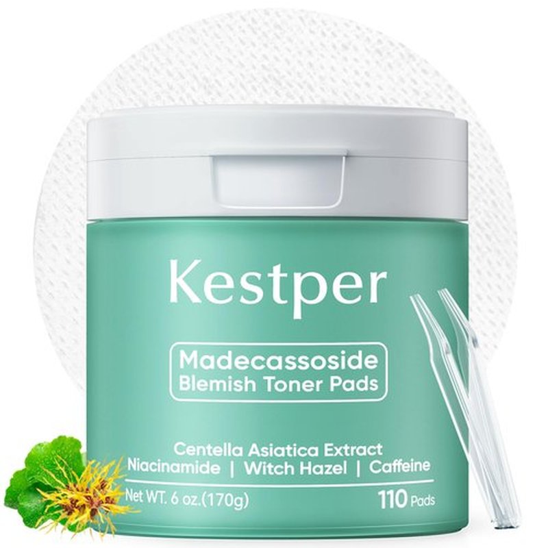 Kestper Madecassoside & Caffeine Toner Pads|Soothe Redness,Strengthen Barrier & Refine Pores with Centella Asiatica,Niacinamide | 110 Pads for All Skin Types