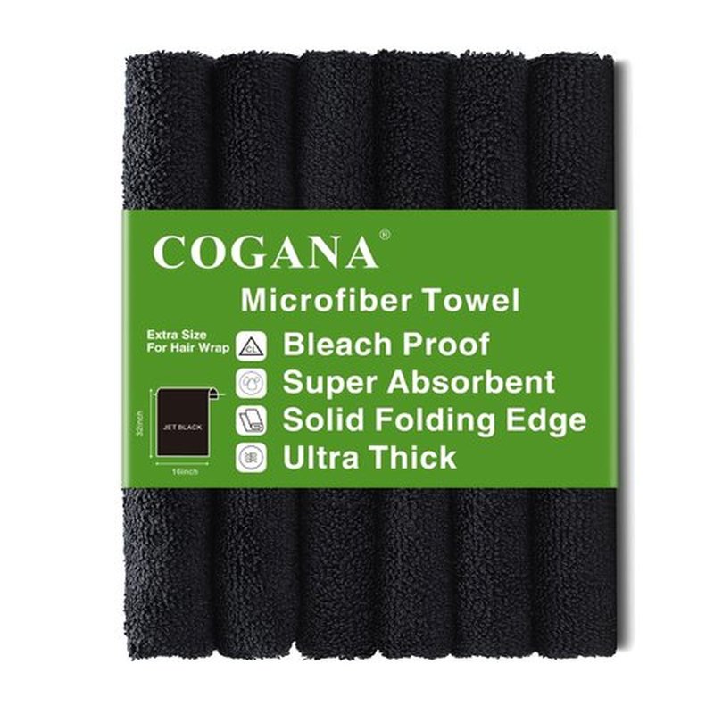 COGANA Microfiber Hair 6 Pack Black Towels Set Bleach Proof Salon Towels Quick Hair Drying Towel 16X32inches Absorbent Face Washcloths Makeup Removal