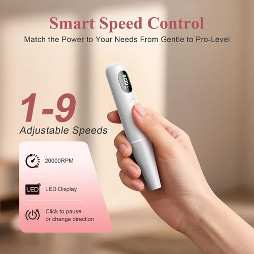 Cordless Nail Drill Kit - 9 Speed Wireless Electric Nail File with LED Display, Portable Nail Drill Machine for Acrylic Gel Nails, Rechargeable 20000RPM Hand Feet Grind Trim Tool for Women Men Baby