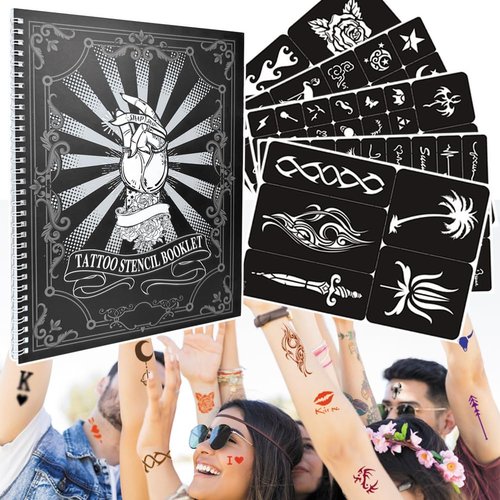 Tiebeauty 20 Sheets Glitter Tattoo Kit, 467 Pcs Henna Tattoo Stencils Airbrush Temporary Tattoos Templates for Girls and Boys Body Art, Suitable as Gift for Family/Friends (Black)