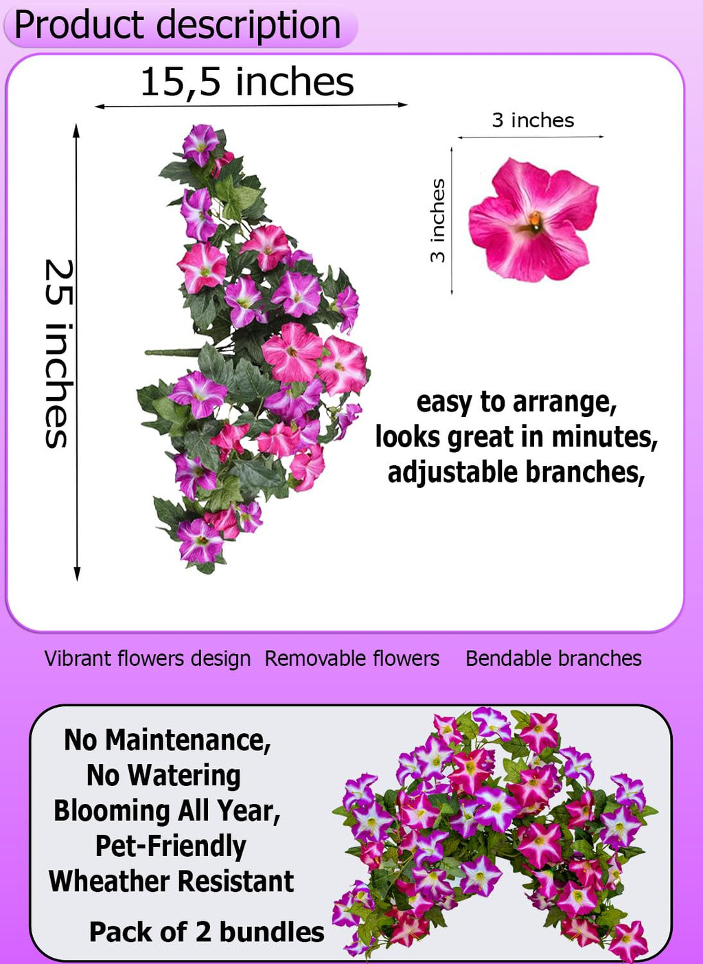 AXYLEX Artificial Petunias Outdoor, 2PCS Faux Hanging Flowers (Fuchsia)