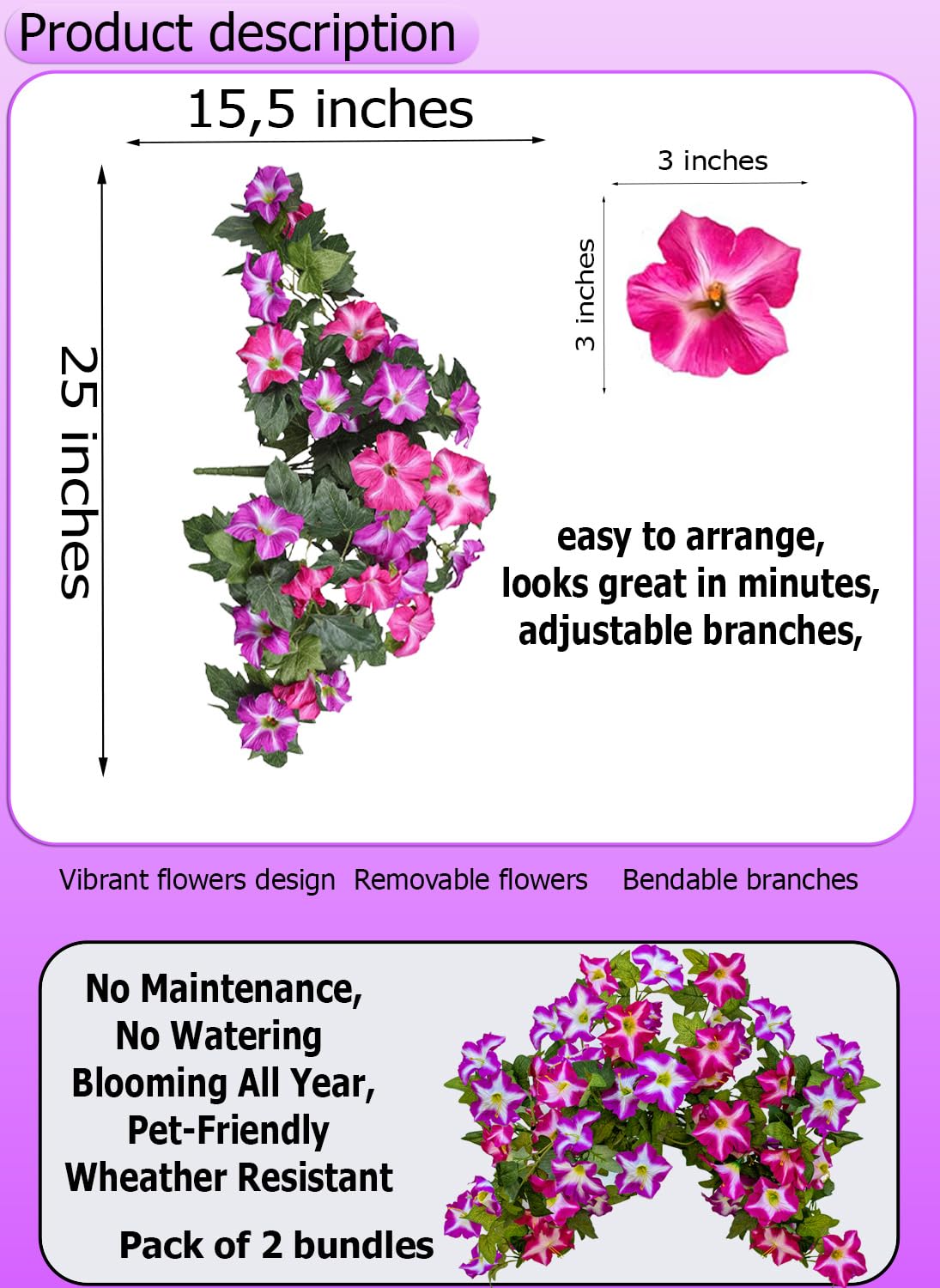 AXYLEX Artificial Petunias Outdoor, 2PCS Faux Hanging Flowers (Fuchsia)